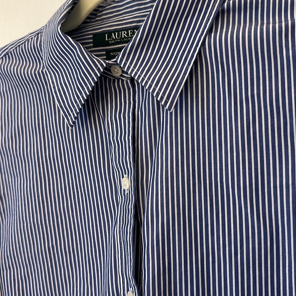 Classic Lauren by Ralph Lauren button up non-iron blue & white striped shirt